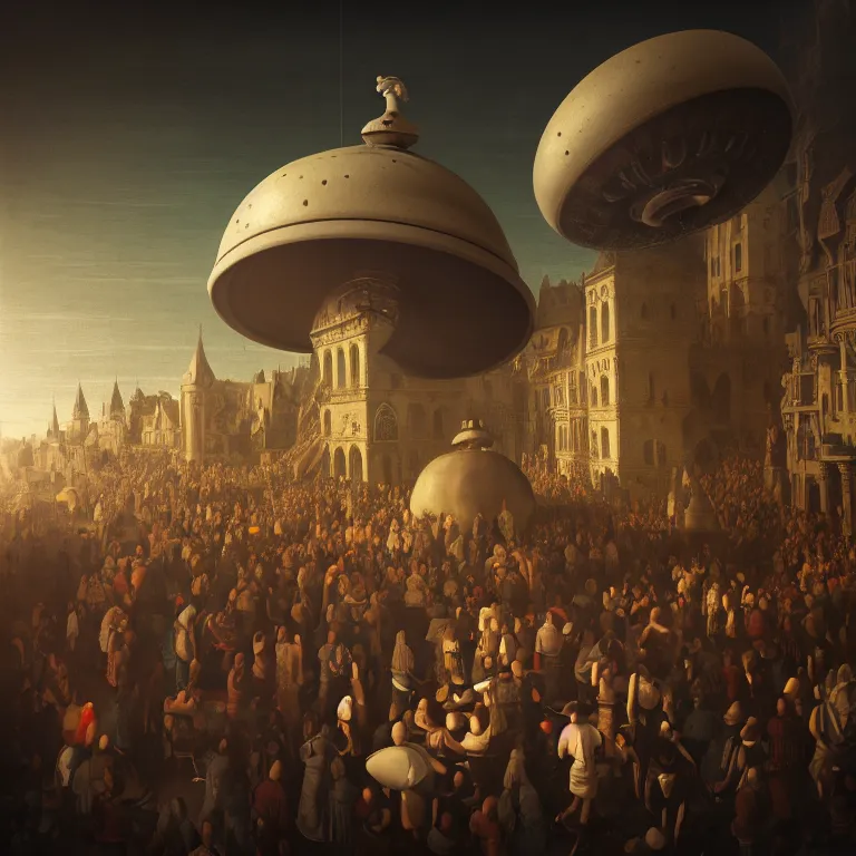 Prompt: crowd of medieval people surrounding UFO flying saucer, dream-like atmosphere, baroque painting, beautiful detailed intricate insanely detailed octane render trending on Artstation, 8K artistic photography, photorealistic, soft natural volumetric cinematic light, chiaroscuro, award-winning photograph, masterpiece, Raphael, Caravaggio, Greg Rutkowski, Beeple