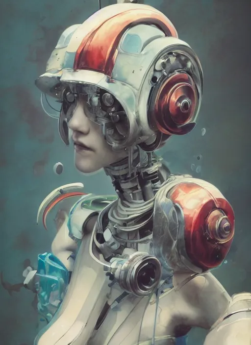 Image similar to surreal gouache painting, by yoshitaka amano, by ruan jia, by conrad roset, by good smile company, detailed anime 3d render of a female mechanical android maid, portrait, cgsociety, artstation, modular mechanical costume and headpiece, dieselpunk atmosphere