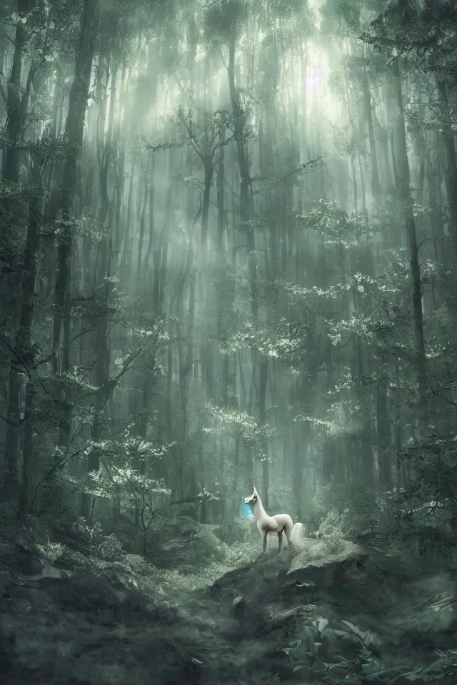 Image similar to there is a silver unicorn in the forest, unicorns around the shimmering light, fireflies flying in the forest, the dreamy crystal atmosphere ， super wide angle ， matte painting ， rtx on ， trending on cgsociety and artstation, volumetric light ， surreal