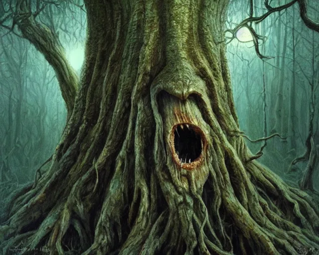 Image similar to a talking oak tree, a face in the bark, eyes in the bark, mouth in the bark, horror concept art, sharp teeth, digital painting, oil painting, hyperrealistic, treebeard, ent, undead, monster, highly detailed, moonlight, very detailed eyes, in the forest, by alan lee, by artgerm