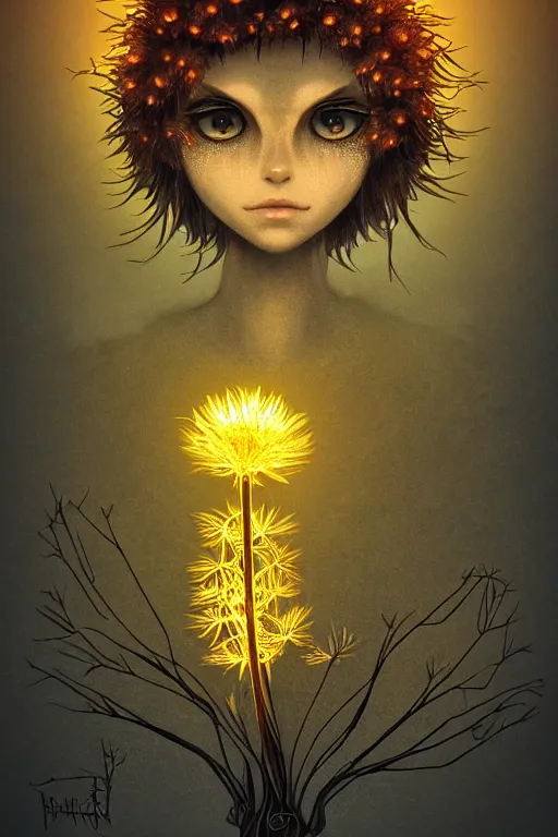 Image similar to a humanoid figure glowing dandelion plant monster, amber eyes, highly detailed, digital art, sharp focus, ambient lighting, autumn, trending on art station, anime art style