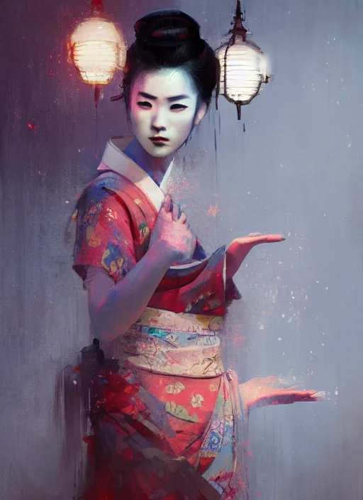 Image similar to female geisha girl, beautiful face, neon, rule of thirds, intricate outfit, spotlight, by greg rutkowski, by jeremy mann, digital painting