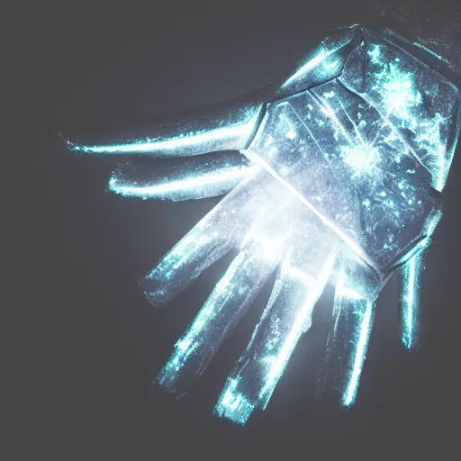 Prompt: a glowing shard of kryptonite held in an open black - gloved hand, night photography