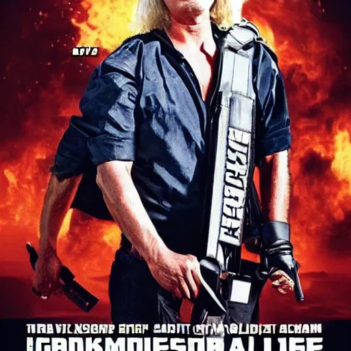 Prompt: geert wilders on movieposter like rambo, shirtless, muscled, holding machine gun