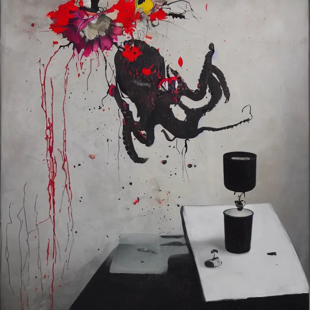 Image similar to empty room with black walls, sensual portrait of a female pathologist, broken vase, spilled flowers, puddle of water, octopus, squashed berries, neo - expressionism, surrealism, acrylic and spray paint and oilstick on canvas