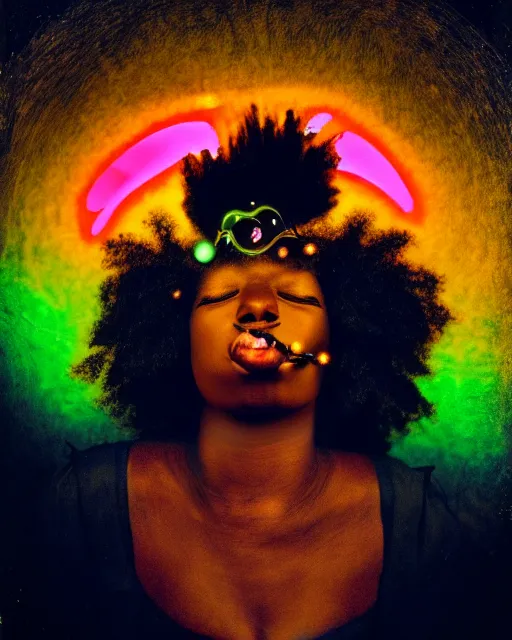 Prompt: portrait of black girl having an orgasm eyes closed, colorized neon lights, explosion of light, hyperealistic detailed photography polaroid, 5 0 mm lens, motion blur, grainy image,, alexander mcqueen, art nouveau fashion, steampunk, mandelbrot fractal