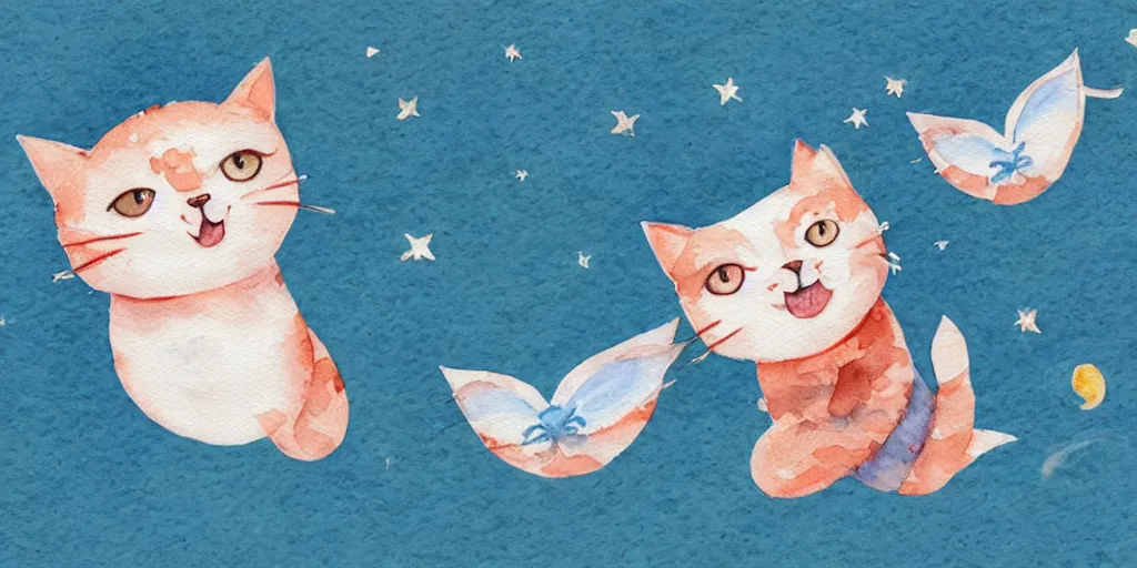 Prompt: watercolor illustration style, flying cute cats with tiny blue wings