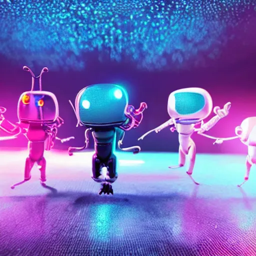 Image similar to promotional movie still wide - angle 3 0 m distance. nanorobots ( ( cat ) ) 1 million into the future ( 1 0 0 2 0 2 2 ad ). super cute and super deadly. nanorobots like disco music and dance - offs. cinematic lighting, dramatic lighting. octane 3 d, style saturday night fever