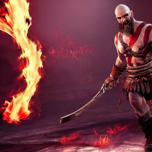 Image similar to kratos rocking out on a flaming stratocaster guitar, cinematic render, god of war 2 0 1 8, playstation studios official media