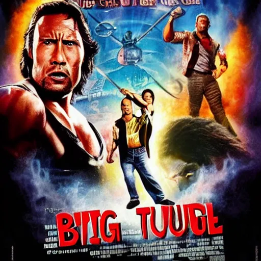 Prompt: Big trouble in little china póster with dwayne Johnson instead of Kurt russell