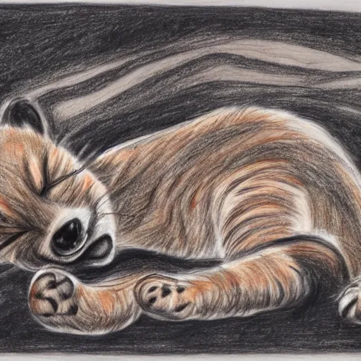 Image similar to drawing of a cubs sleeping in wet black oil, red ballpoint pen, outsider art style