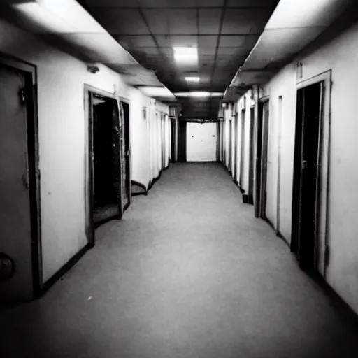 Prompt: creepy backrooms, disproportional creature standing in the hall, horror image, cctv footage, black and white, grayscale