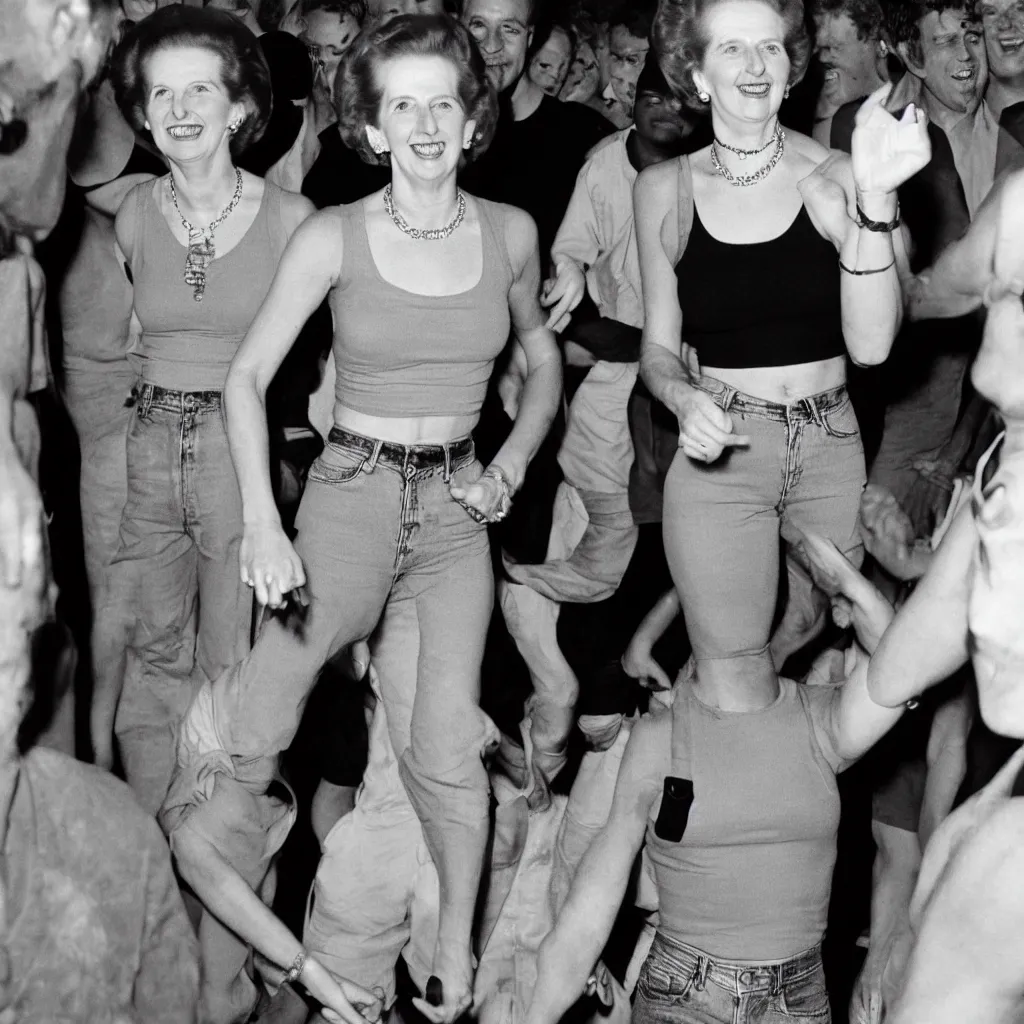 Image similar to margaret thatcher smiling, dancing in a night club wearing a black crop tank top and jeans shorts, photography