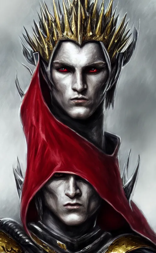 Prompt: A portrait of a male elf, 20 years old, short silver hair, red eyes, wearing a spiked black metal crown, black heavy armor with gold trim, and a red cape, lean but muscular, attractive, command presence, royalty, weathered face, smooth, sharp focus, illustration, concept art, highly detailed portrait muscle definition, fantasy painting, ArtStation, ArtStation HQ