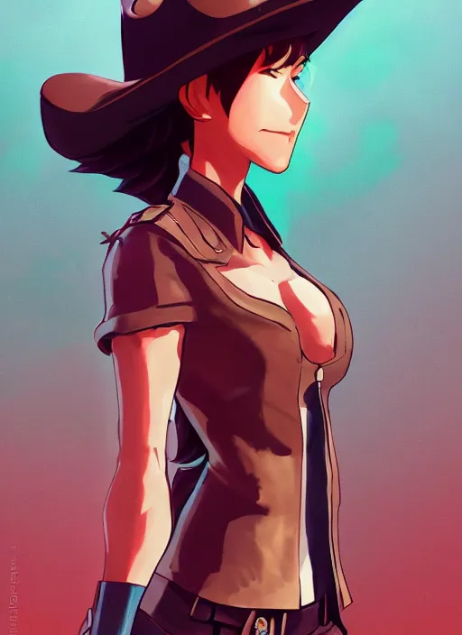 Prompt: full size persona, female sheriff, detail, ultra sharpness, beautiful female, detailed face, art by huyy nguyen, style by cain kuga, cowboy bebop art style, 3 2 beautiful color palettes with their corresponding gradient