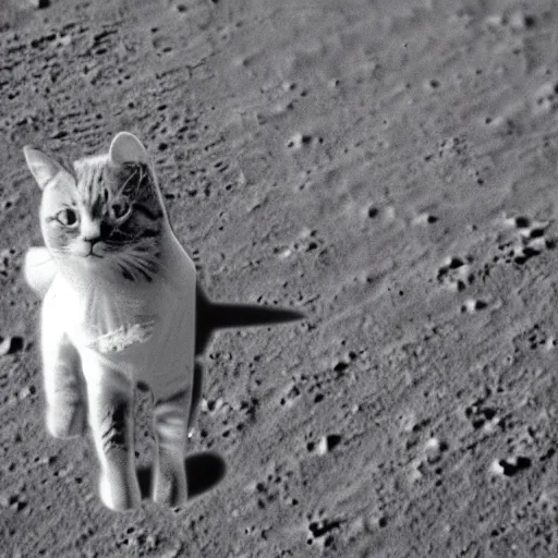 Prompt: a far away photo of a cat in a spacesuit designed for a cat walking on the surface of the moon, photorealistic