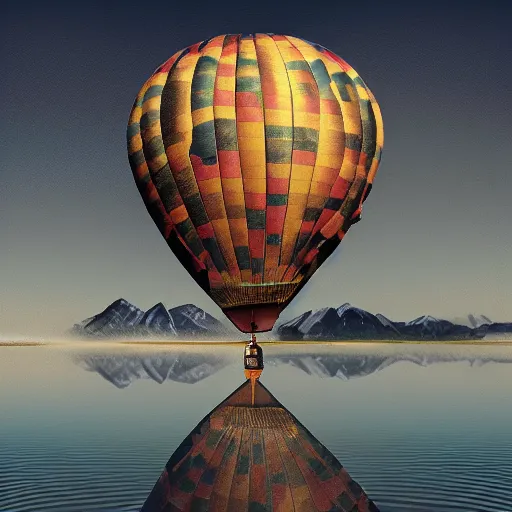 Image similar to realistic extremely detailed photo of a hot air balloon flying above a beautiful reflective mountain lake, two black swans swimming in the lake, touching heads, forming a heart with their necks, granular detail, oil on canvas, intricate, portrait, 8k highly professionally detailed, HDR, CGsociety, octane render, 4k, f32,55mm photography, wide angle