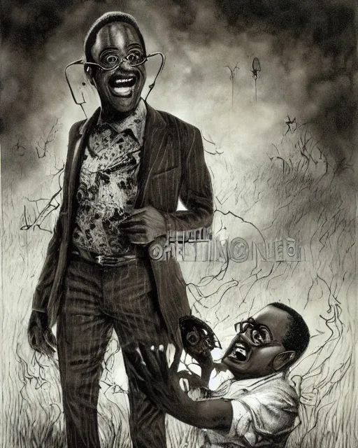 Image similar to steve urkel terrorized by the ghost of carl winslow in a haunted graveyard, creepy, spooky, horror, scary, ink, illustration, stephen gammell