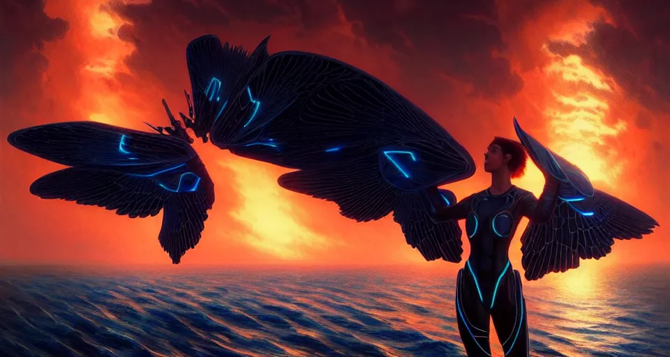 Image similar to tron wings in front surreal sunset, cliffside ocean scene, backlit, aesthetic, diffuse lighting, hyper realistic, elegant, intricate, hyper detailed, smooth, sharp focus, concept art, illustration, trending on artstation, art by artem demura, greg rutkowski, james gurney, and alphonse mucha