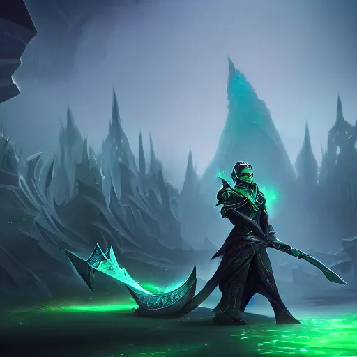 Image similar to The blade of the ruined king, digital illustration, ethereal, the void, ominous green background, very detailed, stylized, concept art, trending on artstation, high definition, by Riot Games, League of legends