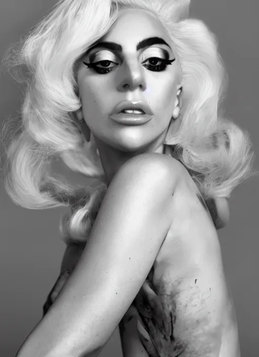 Image similar to lady gaga styled by nick knight posing, the fame monster, full body shot, vogue magazine, canon, highly realistic. high resolution. highly detailed. dramatic. 8 k. 4 k.