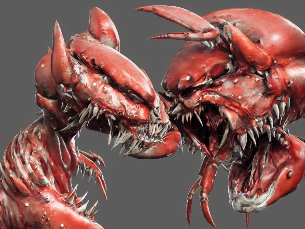 Image similar to game concept art, muscular, crustacean head, sharp teeth, hyperrealism, artstation, cgsociety, zbrush, no background