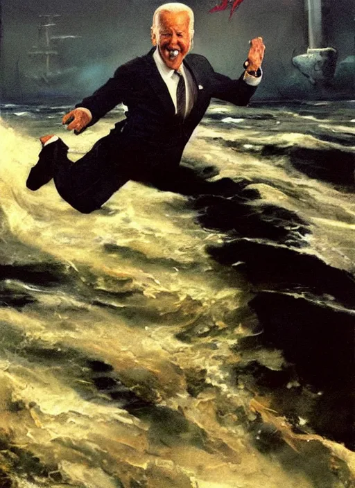 Image similar to joe biden jumping off of ship, drowning, propaganda art, water crashing, water rushing lungs, fear!!!!!! scary, painting by phil hale, fransico goya,'action lines '!!!, graphic style, visible brushstrokes, motion blur, blurry, visible paint texture, crisp hd image