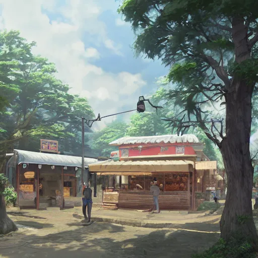 Image similar to concept art painting of a historic bakery with european and japanese architecture, in a woodland village surrounded by trees, realistic, detailed, cel shaded, in the style of makoto shinkai and greg rutkowski and james gurney