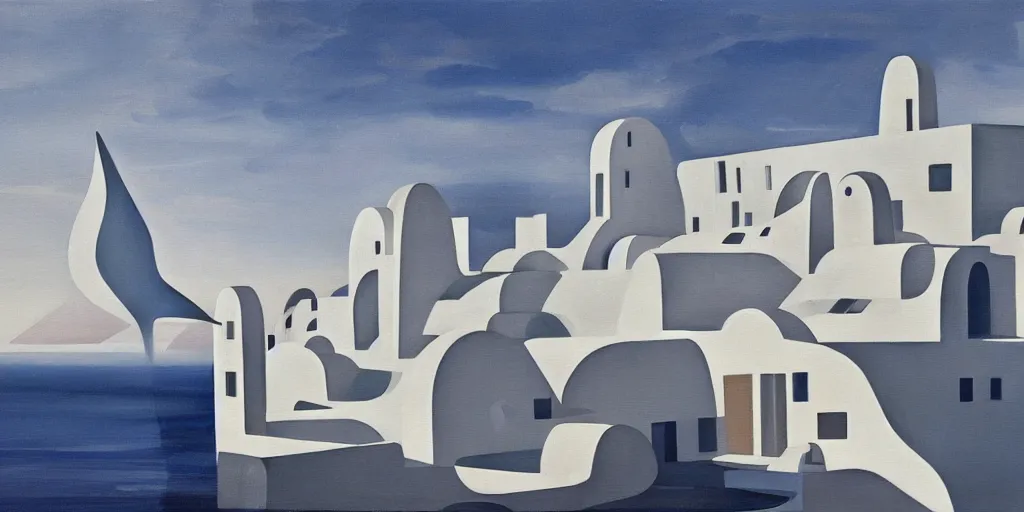 Image similar to a painting of abstract buildings like santorini by zaha hadid and yves tanguy