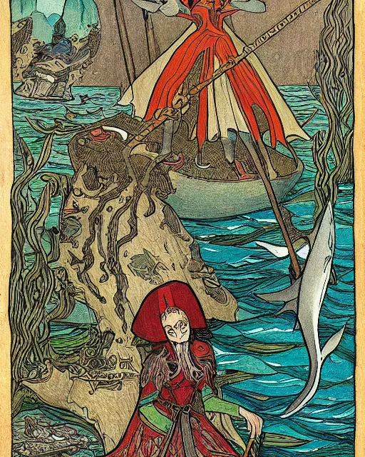 Image similar to a shark queen with melee weapons by ivan bilibin