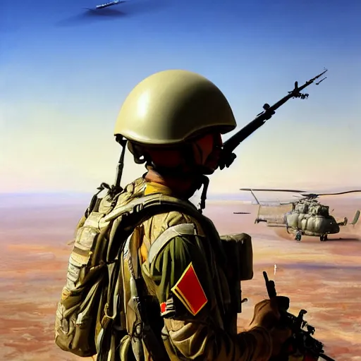 Image similar to a painting of a deploying soldier from a helicopter in the gulf war by Bernardo Bellotto, high detail, hyperrealistic, concept art, artstation, 8k