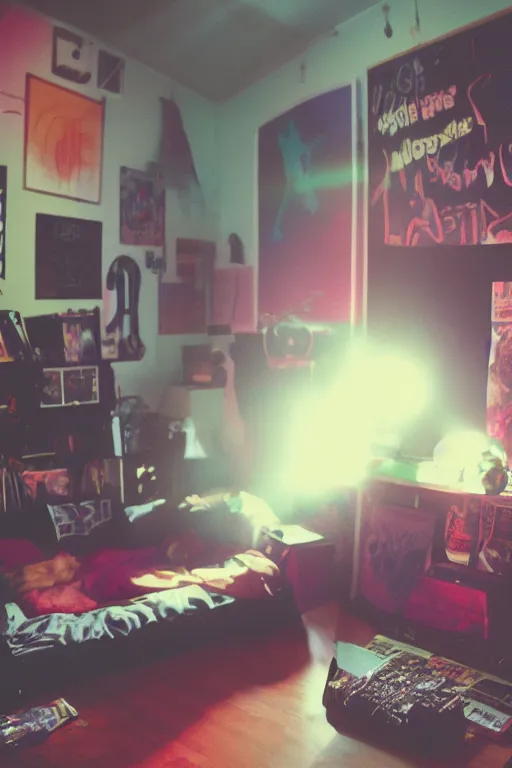 Image similar to agfa vista 4 0 0 photograph of a cluttered 9 0 s teenagers goth punk rock bedroom, synth vibe, vaporwave colors, lens flare, moody lighting, moody vibe, telephoto, 9 0 s vibe, blurry background, grain, tranquil, calm, faded!,