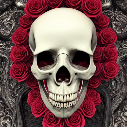 Image similar to skull made of red roses, organic horror, devil, death, giger, epic, baroque, art nouveau, james jean, photorealistic render, 3 ds max + v - ray, extremely detailed and intricate, center composition, elegant, vfx, unreal engine 5, octane render, extremely contrast, extremely sharp lines