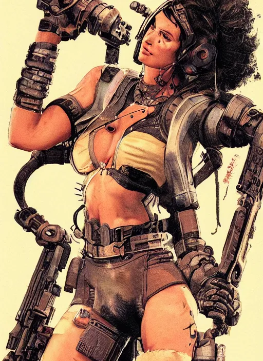 Image similar to buff cyberpunk mercenary lady. portrait by stonehouse and mœbius and will eisner and gil elvgren and pixar. realistic proportions. cyberpunk 2 0 7 7, apex, blade runner 2 0 4 9 concept art. cel shading. attractive face. thick lines.