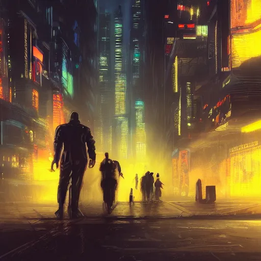 Image similar to Cyberpunk city, street vendors, citizens, augmented cyborgs, Blade Runner, Ghost in the Shell, Neuromancer, robots, skyscapers, buildings, clouds, sunset, painted by seb mckinnon, high detail, digital art, trending on artstation