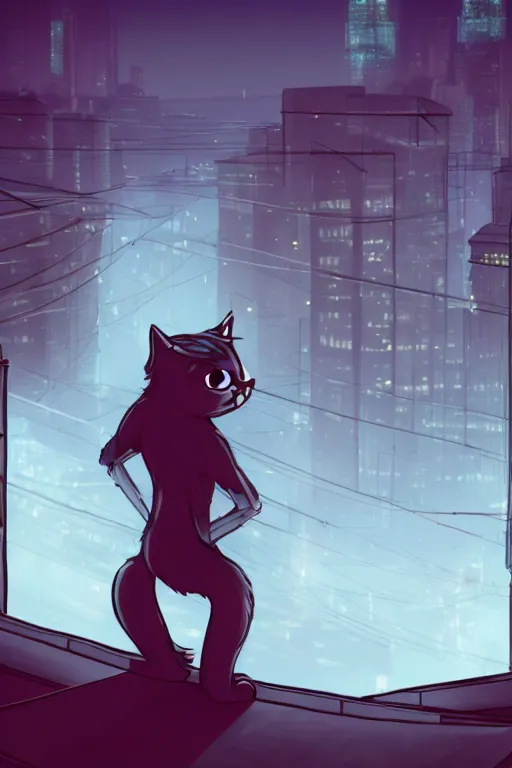 Image similar to a anthropomorphic cat with a fluffy tail staring over a cats city from the top of a roof, trending on furaffinity, cyberpunk, backlighting, cartoon, by kawacy