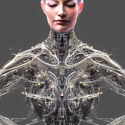 Prompt: Meditating cyborg with many cybernetic implants and wiring, lotus pose, techno-optimism, utopia, sci-fi, hyperrealist, centered, wide angle shot, detailed, intricate, digital painting by Greg Rutkowski, face by artgerm, digital art, trending on artstation, top post of all time on /r/transhumanism subreddit