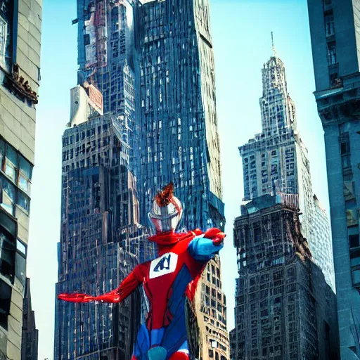 Image similar to giant ultraman walking on new york building!, post apocalyptic, cinematic,