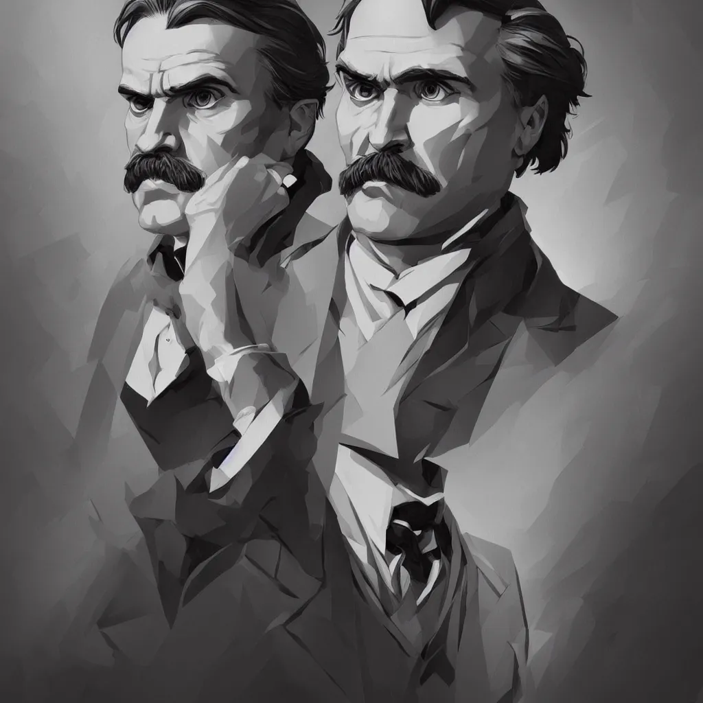 Image similar to Portrait of Friedrich Nietzsche in his Suit with a chiseled Jawline and serious Look, in the Style of Artgerm and Charlie Bowater and Mike Mignola, rim light, moody colors, hard shadows, colorful, plain background, trending on artstation