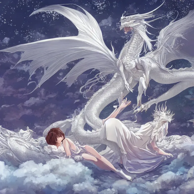 Image similar to a hyper detailed big render that beautiful princess lie on the ground be surrounded in the white clouds fairyland center by a huge silver white dragon, finely detailed angelic face, style of studio ghibli, makoto shinkai, xision, ilya kuvshinov and artgerm, kazuki tanahashi, james jean, animation style, golden curve composition, telephoto lens