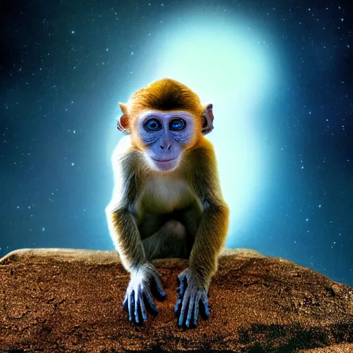 Image similar to astraunaute monkey, deep photo, background soft blue