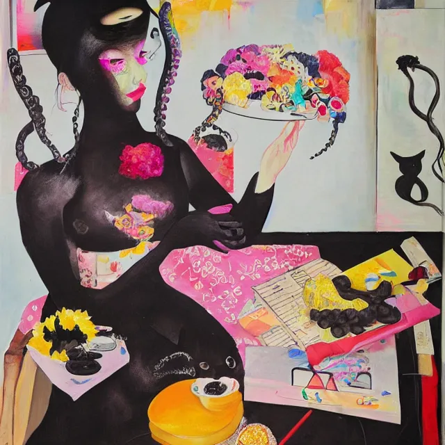 Image similar to a portrait in a female artist's zen bedroom, black walls, catgirl eating berries, sheet music, surgical supplies, pancakes, black flowers, sensual, octopus, neo - expressionism, surrealism, acrylic and spray paint and oilstick on canvas