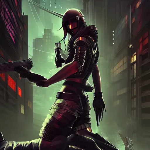 Prompt: cyberpunk, assassin, using a dagger, wolf companion, 3d game artwork, high detail