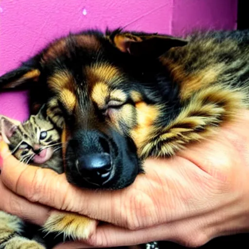 Image similar to german shepherd sleeping in arms with a kitten