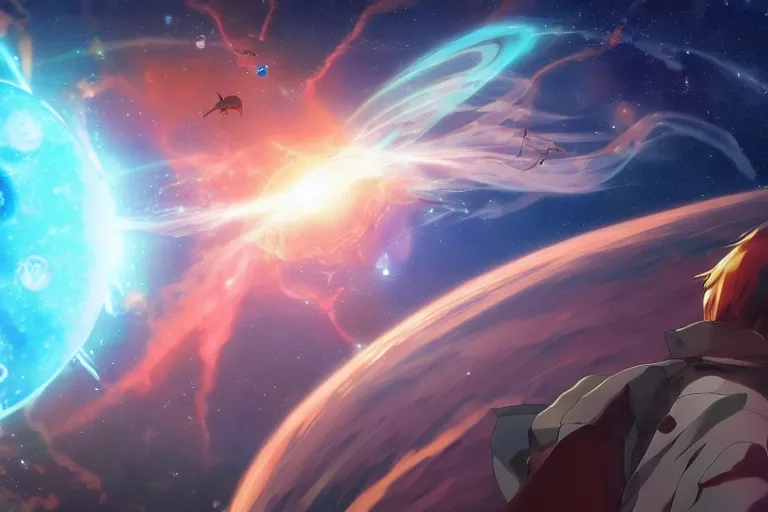 Prompt: Tonemapped Anime character splitting a gas giant in half like parting the Red Sea, with pack of Space Whales fly through an interdimensional rift! in background by (Hiromu Arakawa), Makoto Shinkai and (Cain Kuga)