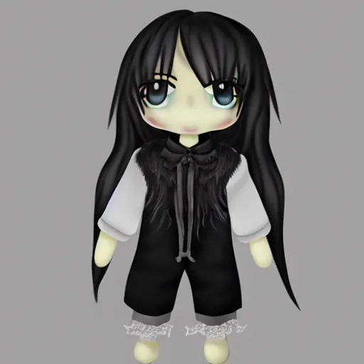 Image similar to cute fumo plush of a long - haired and tattered orphan cursed with the power of the shadows, black and white, vray