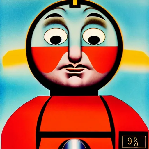 Image similar to abstract portrait of thomas the train, in the style of herbert bayer