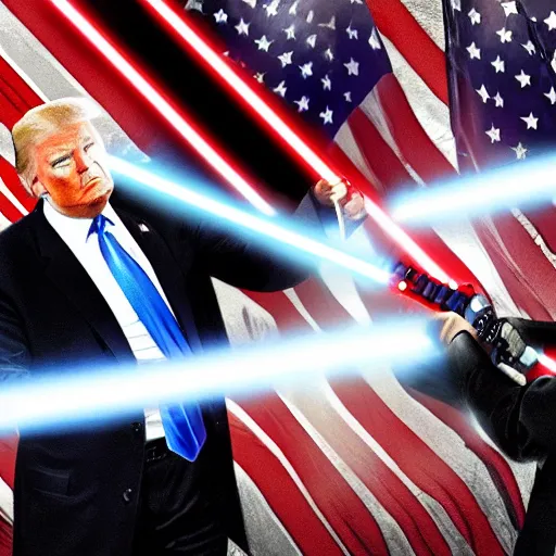 Image similar to donald trump wielding a lightsaber having a lightsaber battle with joe biden in the death star, dynamic lighting, highly detailed