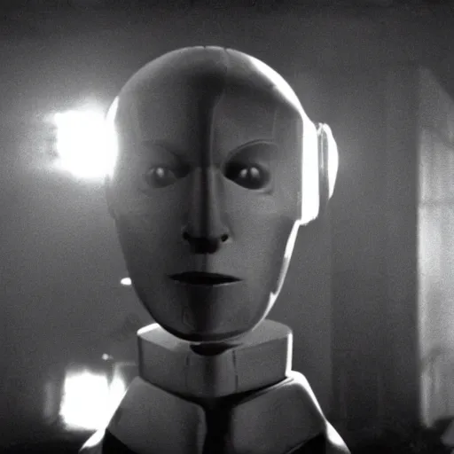 Image similar to movie scene of a man with a robot head, movie still, acting, cinematic composition, cinematic lighting, Movie by David Lynch and Andrzej Żuławski