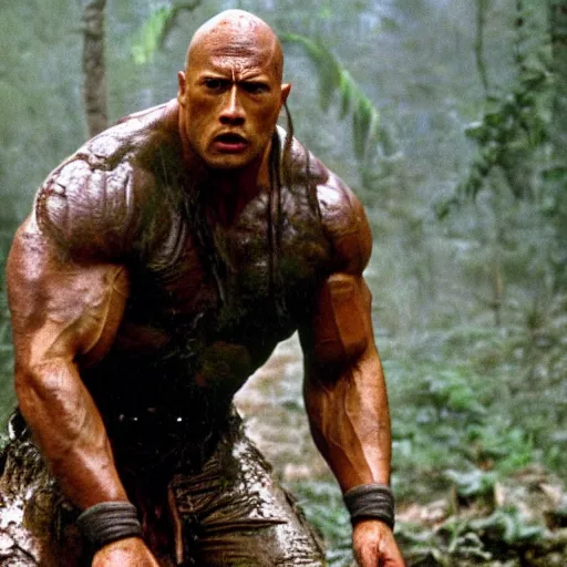 Image similar to film still of a mud - covered dwayne johnson as dutch looking in panic in predator 1 9 8 7, hd, 8 k